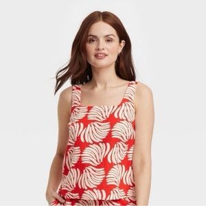 a new day Vibrant Red and Cream Leaf Tank Top